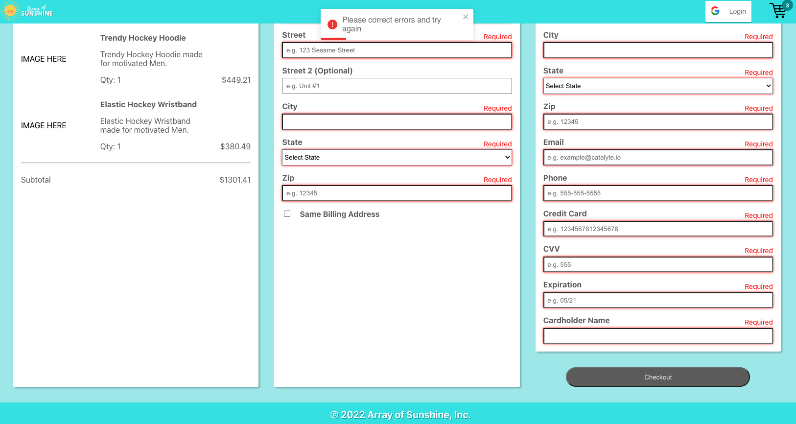 checkout page with validation